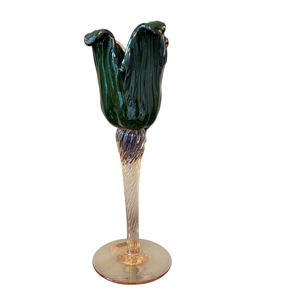 Italian Hand Blown Murano Art Glass Green Tulip Candle Holder Amber Stem 13" NEW